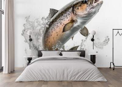 Spotted freshwater fish mid jump out of water isolated on a white background, generative ai Wall mural