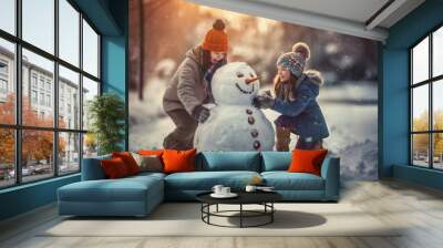 Two young girls building a snowman, illustrating the joy and fun of childhood outdoor winter activities, generative ai Wall mural