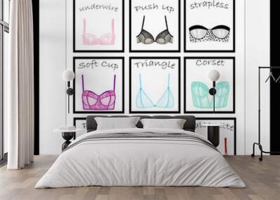 Fashion illustration - set of different bras Wall mural