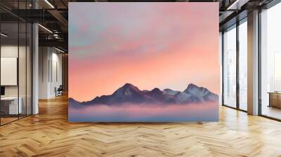 a sunset casting warm hues over a majestic mountain range photo, mountain peak, mountain with the be Wall mural