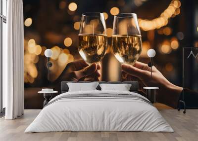 Close up photo of hand hold a glass of champagne, Copy space advertising mock up, Valentine's Day, Close up of people toasting, Christmas  Wall mural