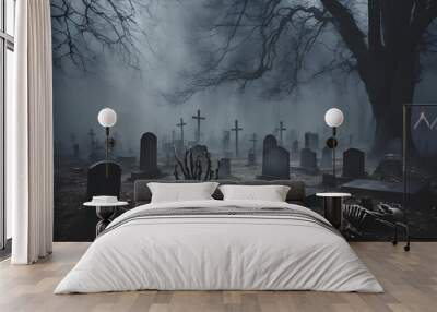 Skeletal Hands Emerging from Graves in Foggy Haunted Cemetery, Creepy night scene of skeletal hands reaching out from graves in a fog-filled cemetery with tombstones and eerie moonlight Wall mural