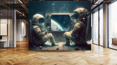 Two astronauts in space suits watching TV on a foreign planet, illustration Wall mural