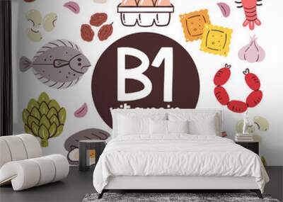 Food products with high levels of Vitamin B1 (Thiamine). Cooking ingredients. Fruits, vegetables, legumes, dairy, seafood, meat products. Wall mural