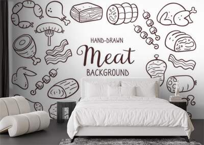 Hand-drawn meat background. Pieces of meat and meat products. Food ingredients for cooking illustration. Isolated doodle icons on white background. Vector illustration. Wall mural