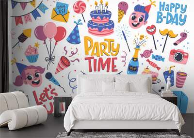 Kids party design elements for invitations, greeting cards, backgrounds... Happy birthday hand drawn set. Party garlands, gift boxes, cake with candles, fireworks, confetti, party hats, music, balloon Wall mural