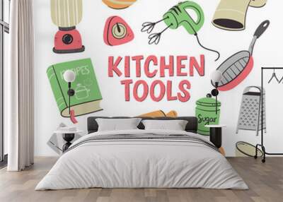 Kitchen tools and appliances. Cute illustration with isolated cooking objects in vector format. Kitchen utensils collection. Illustration 1 of 2. Wall mural