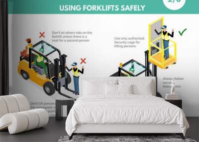 Recomendatios about using forklifts safely. Labor risks prevention concept. Isometric design isolated on white background. Vector illustration. Set 2 of 8. Wall mural