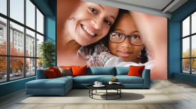 African smiling happy mother mom and little preteen girl daughter taking making selfie photo together for social media online. Closeup portrait of family. Motherhood concept Wall mural