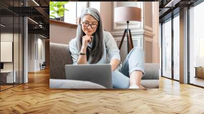 Cheerful mature caucasian woman working on laptop in the living room Wall mural