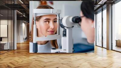 Eye doctor with female patient during an examination in modern clinic Wall mural