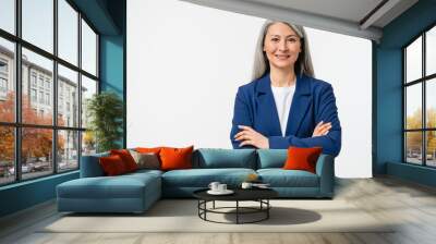 Happy confident smiling caucasian middle-aged mature businesswoman ceo manager employee in formal attire with arms crossed looking at camera isolated in white background. Wall mural