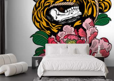 Angry snake coiled around the broken human skull and peony flower. Tattoo. Vector illustration Wall mural