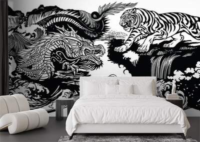 Chinese East Asian dragon versus tiger in the landscape. Graphic style vector illustration  included Yin Yang symbol  Wall mural