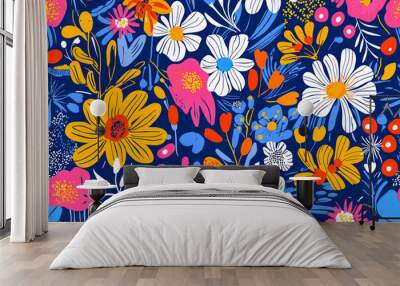 Abstract floral seamless pattern. Colorful botanical print. Cute groovy flowers on a blue background. Wall mural