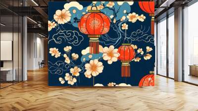 Asian design element set. Vector decorative collection of patterns, lanterns, flowers , clouds. Wall mural