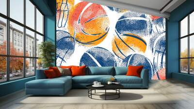 Basketball balls and hoop seamless pattern with texture. Modern colorful illustration for flyers. Wall mural