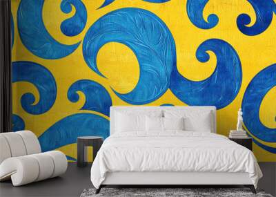 Blue swirls banner on yellow texture backdrop. Wall mural