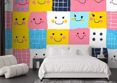 Funny smiling happy face colorful checkered seamless pattern set. Wall mural