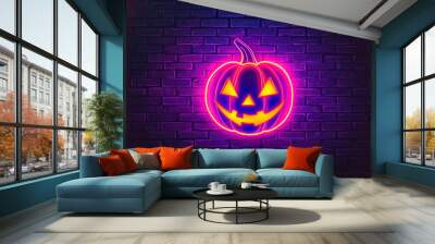 Glowing pumpkin halloween neon sign. Wall mural