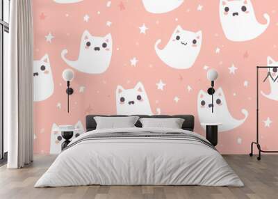 Halloween seamless pattern. Illustration of kawaii ghost kittens on a pink background. Wall mural