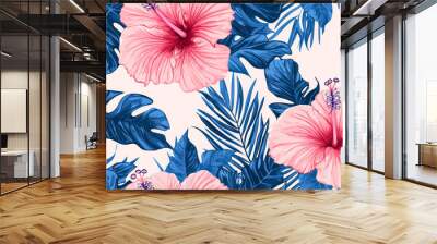 Hand drawn pink hibiscus flower with blue tropical leaf seamless pattern design for summer holidays background. Wall mural