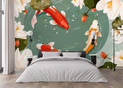 Japan koi fish border. Sea Japanese carp swimming in water with flowers. Wall mural