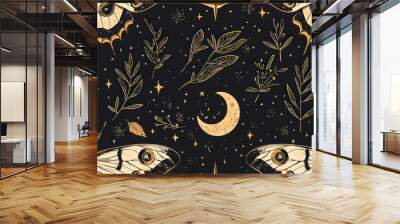 Moth, phases of the moon and stars, herbs. Seamless pattern. Wall mural