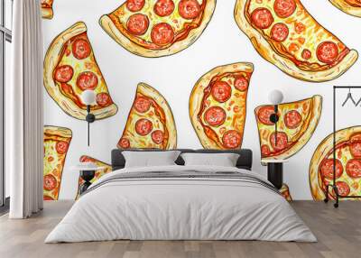 Pizza backdrop. Back line pizza pattern on white background. Wall mural