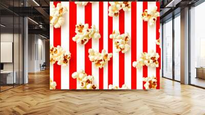 Popcorn seamless pattern on red and white color striped background. Wall mural