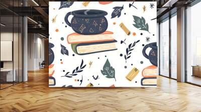 Seamless pattern with cauldrons and books. Wall mural