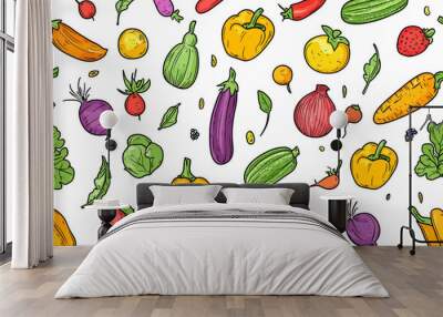 Seamless pattern with vegetables and fruits doodle style. Wall mural