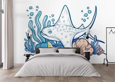 Stingray cartoon with fishes and starfish undersea, marine life element, coloring book. Wall mural