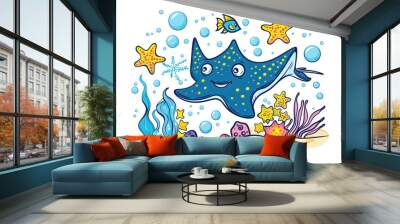 Stingray cartoon with fishes and starfish undersea, marine life element, coloring book. Wall mural