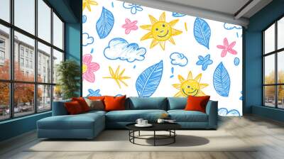 Summer hand drawn colorful crayon seamless pattern. Leaves, flowers, sun, clouds doodle. Wall mural