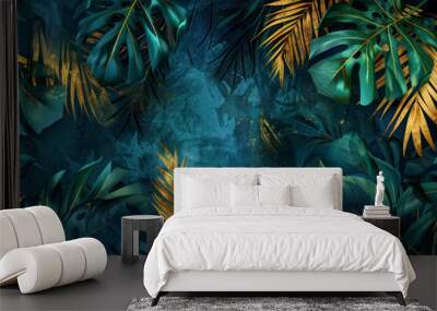 Tropical leaves wall art design with dark blue and green color, shiny golden light texture. Wall mural