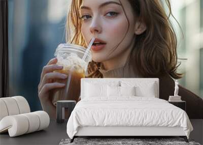 A young woman with brown hair drinks iced coffee on a city street
 Wall mural