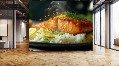 A perfectly cooked salmon with fluffy rice and a sprinkle of lemon. Wall mural