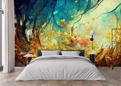 golden leaves in a fantasy forest watercolor, created with generative ai Wall mural