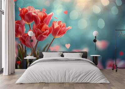 Versatile February background, season of love and renewal. Red flowers on a blue background, room for text. Wall mural