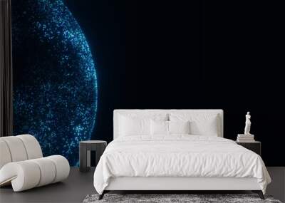 Glowing blue particles shape cosmic globe ball. Abstract 3d sci-fi sphere on black backdrop. Futuristic background 8k 16:9. Hi-tech, cyberspace, big data, Satellite Internet, business connection, 5G Wall mural