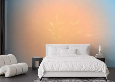 Peach fuzz and light blue gradient background with blurry radial rays explosion. Burst of shiny yellow particles. Airy dandelion flower against blue sky abstraction. Soft orange blue backdrop 8k 16:9 Wall mural