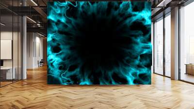 Shockwave explosion. Light blue smoke effect on black background. Glowing neon blue ink splash. Vibrant technology wallpaper. Dark futuristic backdrop, banner. Bright cyan blue burst texture as frame Wall mural