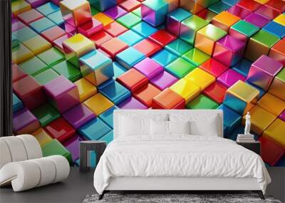 A colorful abstract background featuring an arrangement of glossy cubes with vibrant hues, creating a visually stimulating and dynamic composition. Wall mural