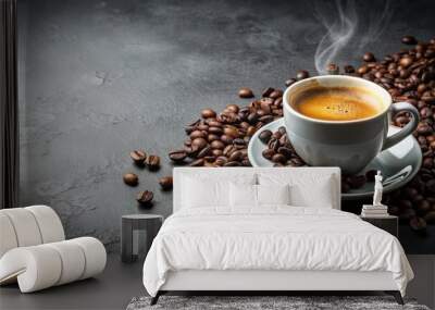 A cup of hot espresso and coffee beans on a grey background Wall mural