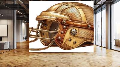 A Detailed Drawing of a Traditional Football Helmet in Golden Tones Wall mural