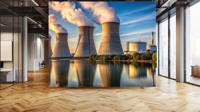 A detailed photo of a nuclear power plant with smokestacks and cooling towers , nuclear, power plant Wall mural