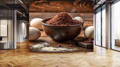 A rustic wooden table setting with a bowl of cocoa powder, eggs, and chocolate pieces Wall mural