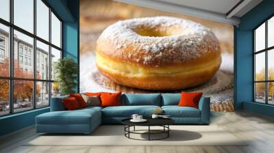 A single, freshly baked donut dusted with powdered sugar, resting on a rustic wooden surface. The soft, golden brown donut is a tempting treat for any sweet tooth. Wall mural