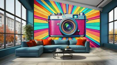 A vintage camera lens with a retro pop art style background featuring colorful stripes and polka dots Wall mural